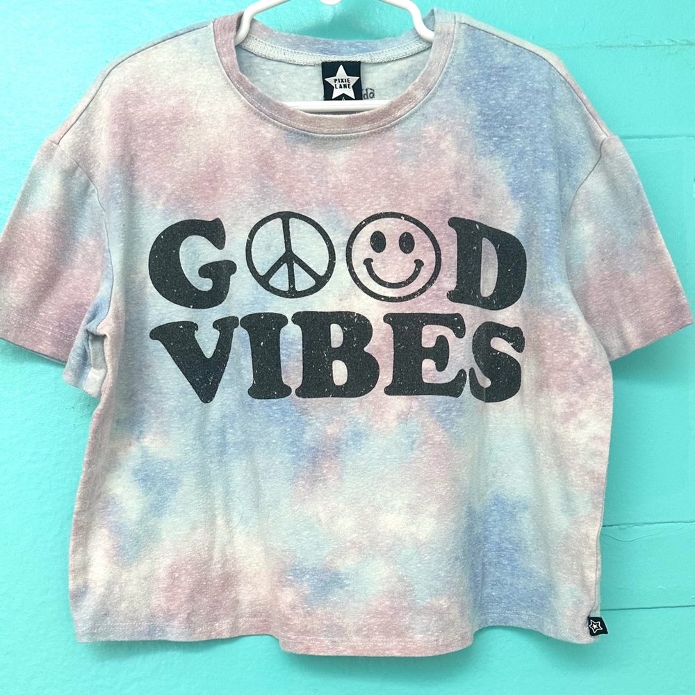 PIXIE LANE GIRL'S "GOOD VIBES" CROPPED TYE-DIE VINTAGE WASH T-SHIRT - SIZE 6